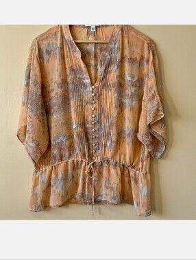 Banana Republic| Apricot & Tan Sheer Pleated Cinched Kimono Tunic Top Women’s XL